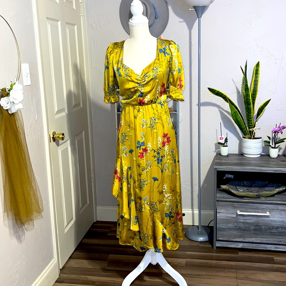 Flower gold yellow dress silk outstanding dress